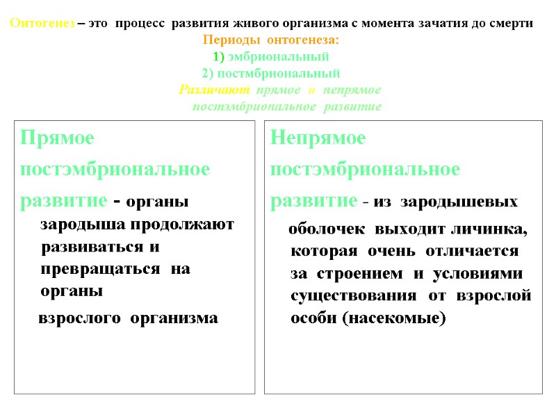 Онтогенез – это процесс развития живого организма с момента зачатия до смерти Онтогенез – это процесс развития живого организма с момента зачатия до смерти